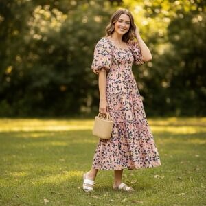 Moon River Floral Puff Sleeve Midi Dress Small‎ Pink Cottagecore Tiered